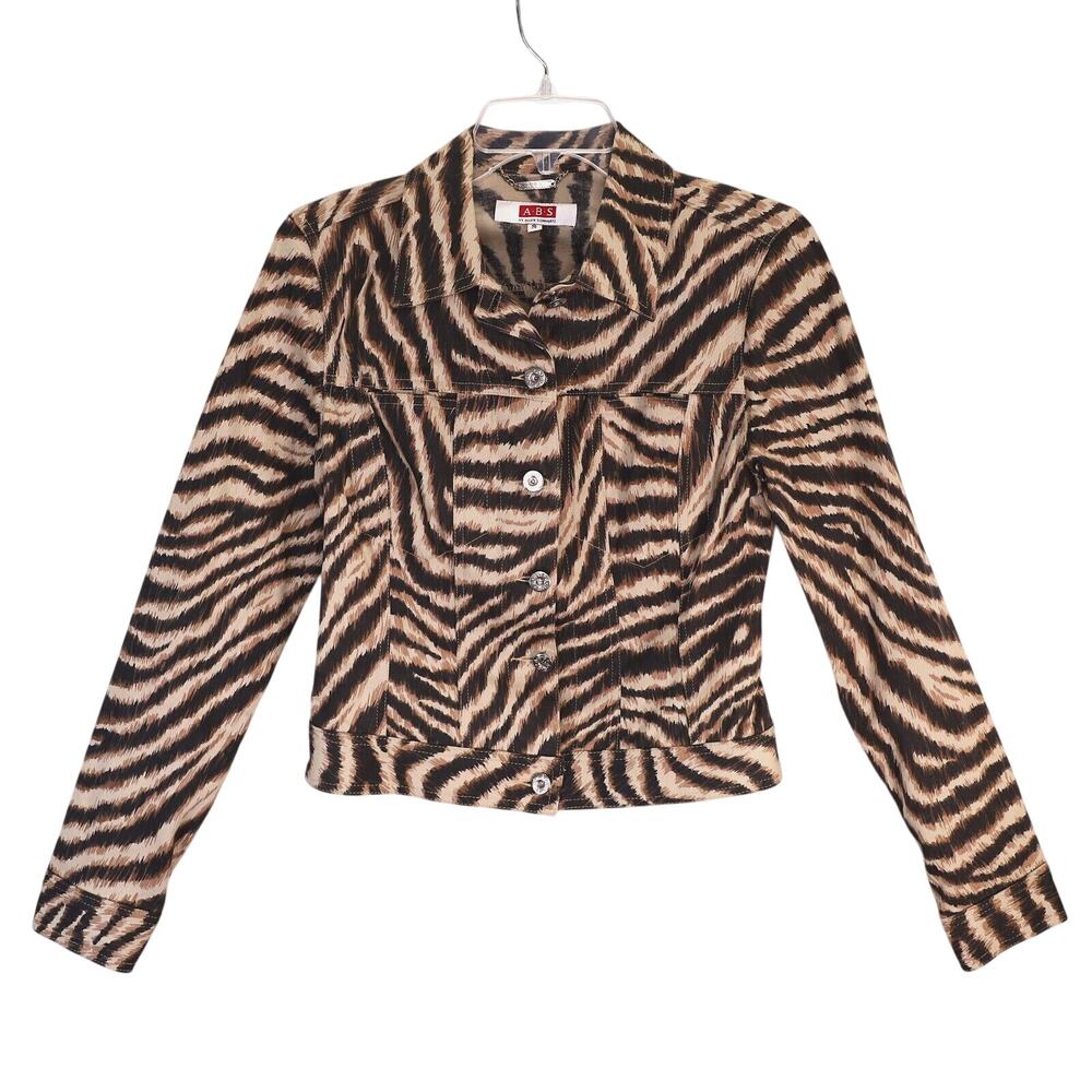 ABS by Allen Schwartz Jacket Womens Small Animal Print Twill Crop Beige Brown